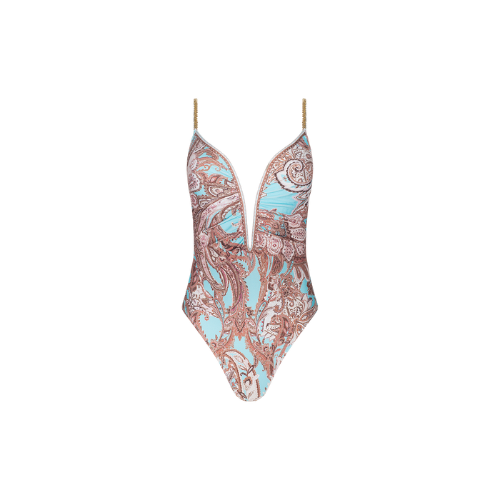 Lilou One-Piece Swimsuit with brass-chain straps, showcasing a light blue and brown paisley pattern and a deep V-neckline, displayed against a plain white background.