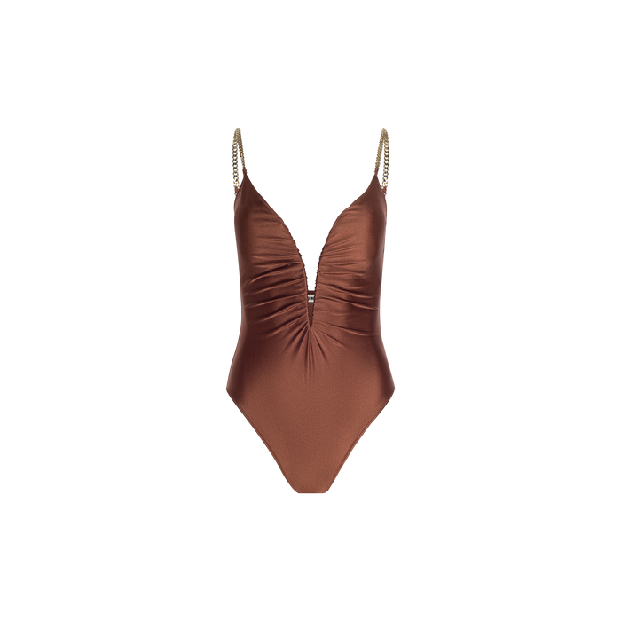 The Lilou One-Piece Swimsuit in brown showcases a deep v-wire plunge neckline, ruched front detailing, a high-leg cut, and gold chain shoulder straps, displayed on a plain white background.
