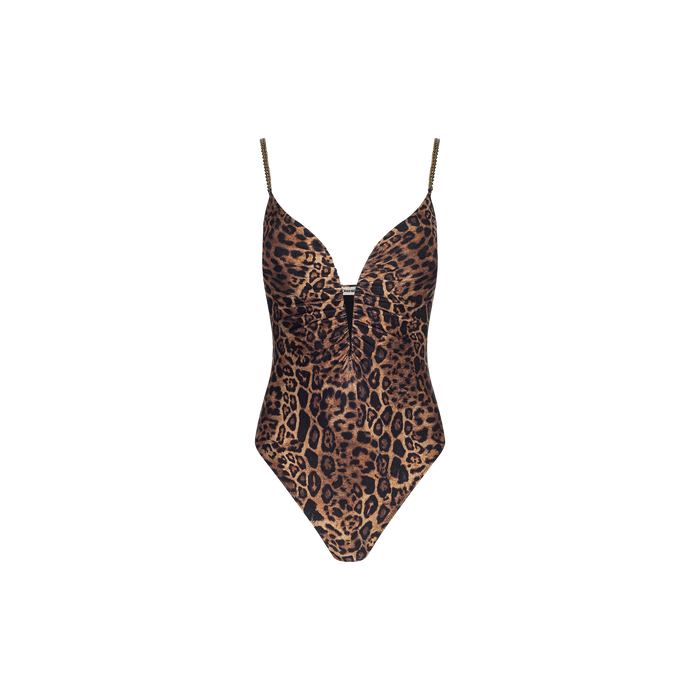 The Lilou One-Piece Swimsuit features a leopard print, thin straps, and a deep V neckline, styled as a chic bodysuit and showcased against a plain white background.