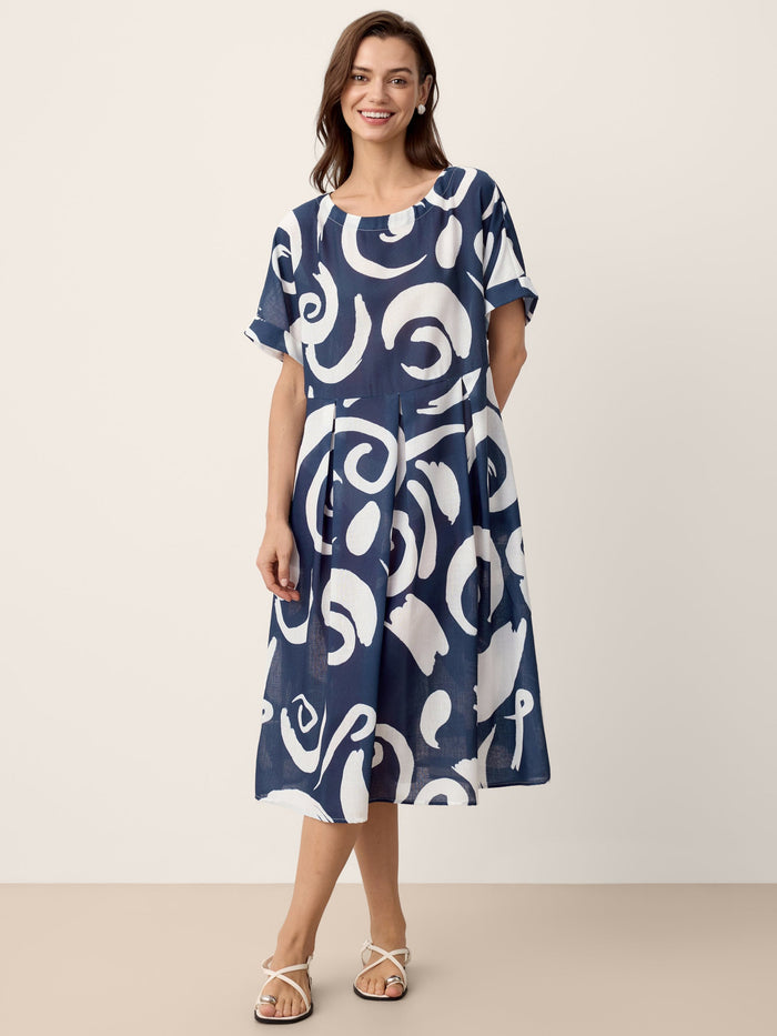 Linen Abstract-Print Pleated-Waist Midi Dress PRIYA LINTICO