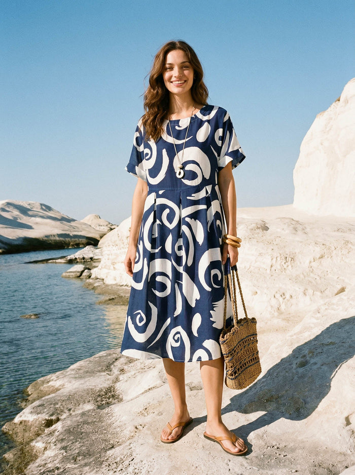 Linen Abstract-Print Pleated-Waist Midi Dress PRIYA LINTICO