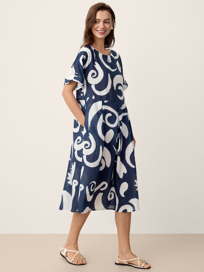 Linen Abstract-Print Pleated-Waist Midi Dress PRIYA LINTICO
