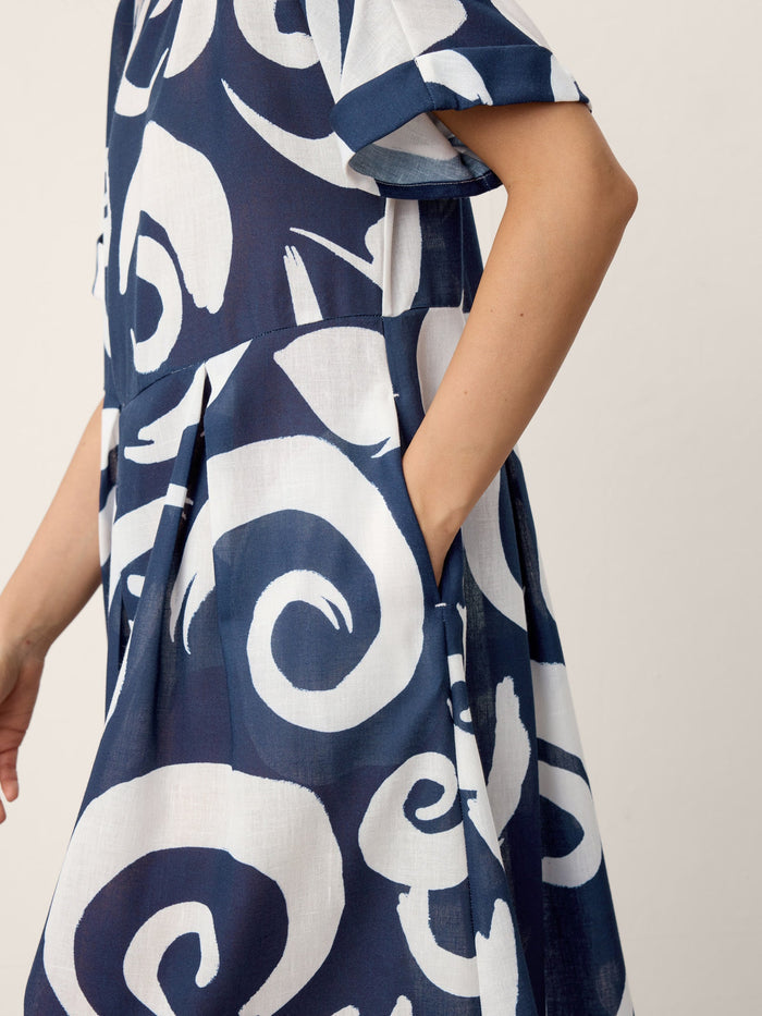 Linen Abstract-Print Pleated-Waist Midi Dress PRIYA LINTICO