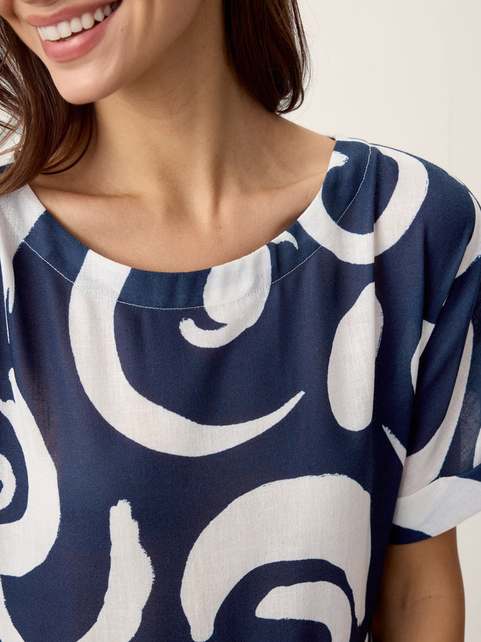 Linen Abstract-Print Pleated-Waist Midi Dress PRIYA LINTICO