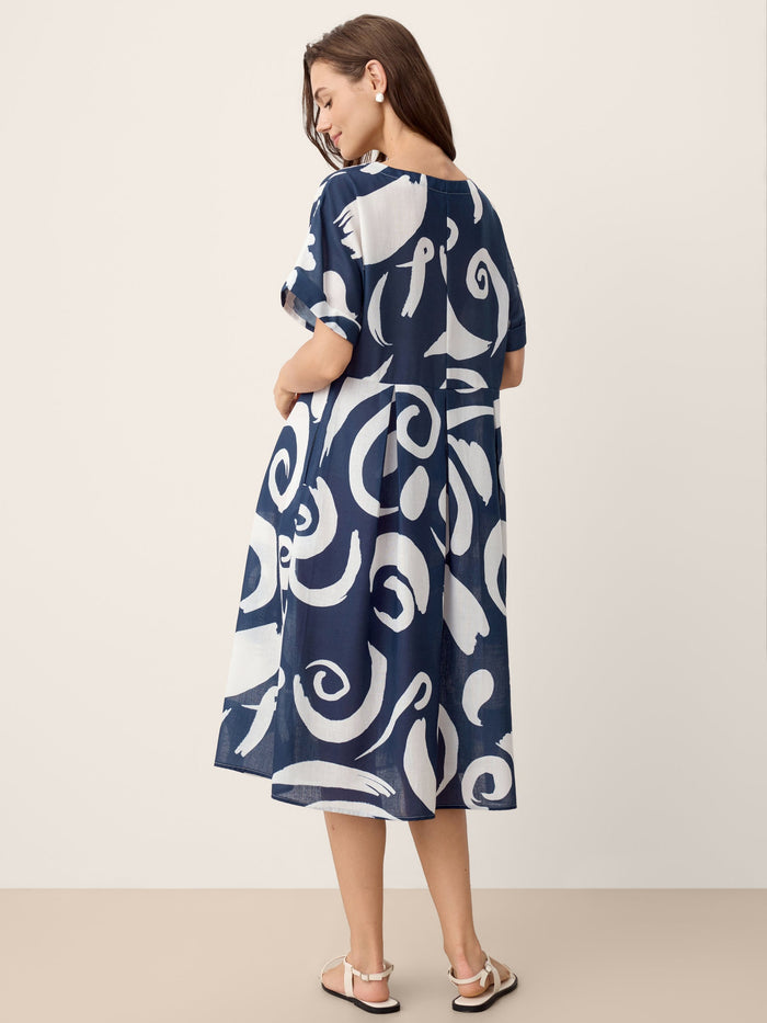 Linen Abstract-Print Pleated-Waist Midi Dress PRIYA LINTICO