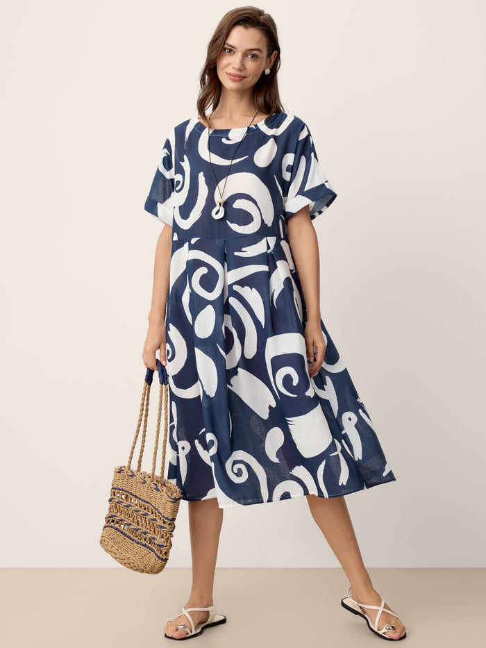 Linen Abstract-Print Pleated-Waist Midi Dress PRIYA LINTICO