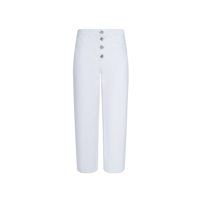 The Liora Cropped Jean is a white, high-waisted pant with a straight-leg cut and four silver buttons on the front fly. These high-rise jeans include side pockets and belt loops, and are displayed on a plain white background.