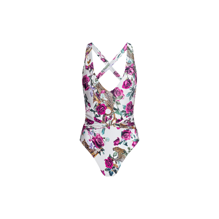 Introducing the Lisa Plunge One-Piece Swimsuit, showcasing a rose leopard print on a white background with pink roses, green leaves, and leopard illustrations. Designed with crisscross straps at the chest and a plunging neckline for a chic, stylish look.
