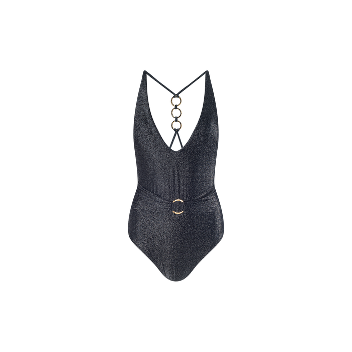 The Lisa Plunge One-Piece Swimsuit is a shimmery dark gray swimsuit with a plunging neckline, strappy back accented by three metal rings, and a belted waist featuring a circular buckle, shown on a plain white background.