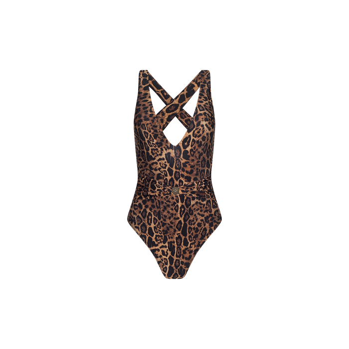 The Lisa Plunge One-Piece Swimsuit features a brown and black leopard print, crisscross straps, a plunging neckline, cutout detailing at the back, and offers moderate coverage.