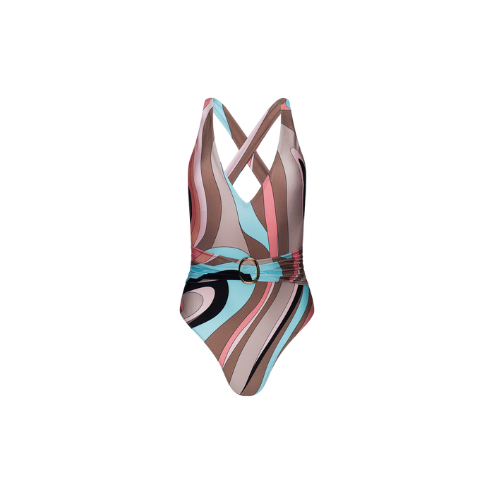 The Lisa Plunge One-Piece Swimsuit features an abstract swirl print in pink, brown, teal, and black tones. Designed with crisscross straps at the back and a belted waist with a round buckle, it is photographed against a plain white background.