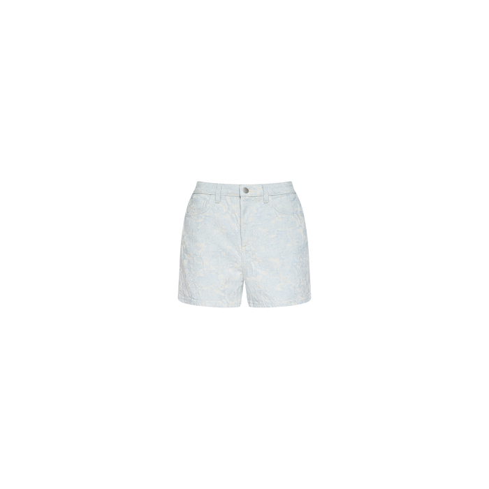 The Lissania Jacquard Short features a light blue coastal-inspired design, high-rise fit, button and zip closure, front pockets, and subtle white floral patterns in soft cotton jacquard, showcased on a plain white background.