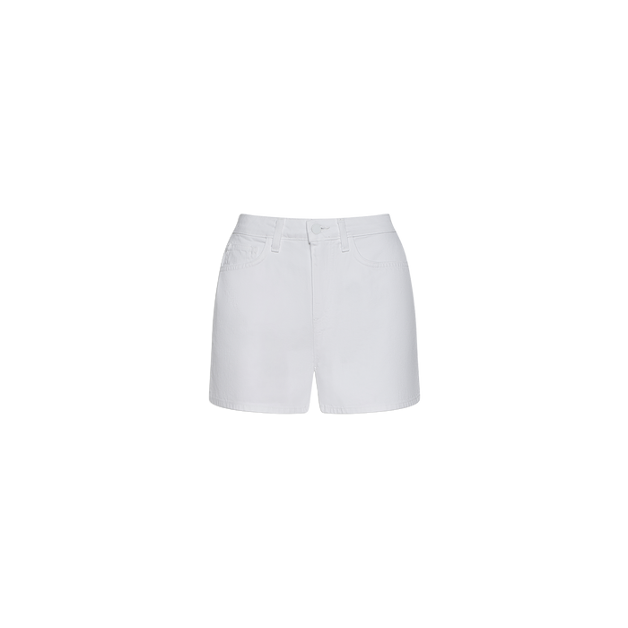 The Lissania Jean Short is a white, high-waisted denim short with a tailored silhouette, belt loops, front button and zip closure, and two side pockets, displayed against a plain white background.