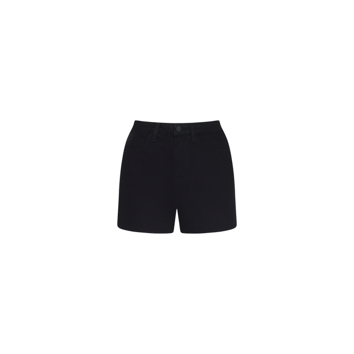 The Lissania Jean Short is a black high-waisted denim short showcasing a tailored silhouette with a front button and zipper closure, belt loops, and side pockets, displayed against a plain white background.