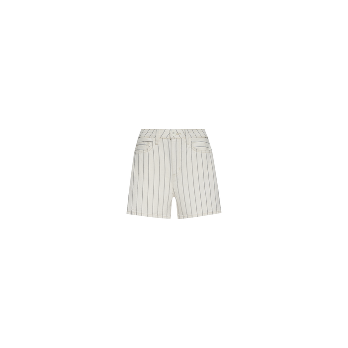 The Lissania Short is a high-rise beige short with thin vertical black pinstripes, featuring a front zipper, belt loops, and two front pockets that evoke the look of striped coastal pants, displayed against a plain white background.