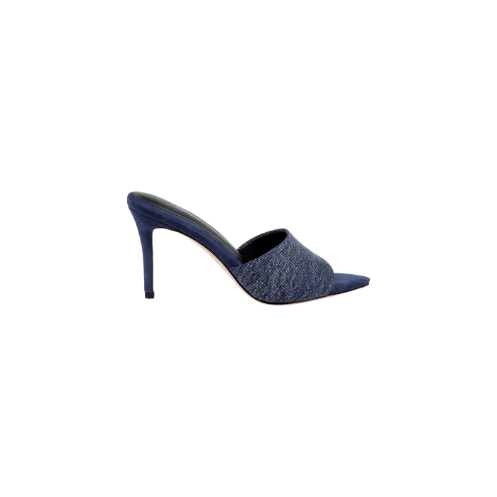 Lolita Denim Open-Toe Mule featuring a single wide denim upper strap and slender heel, shown on a plain white background.