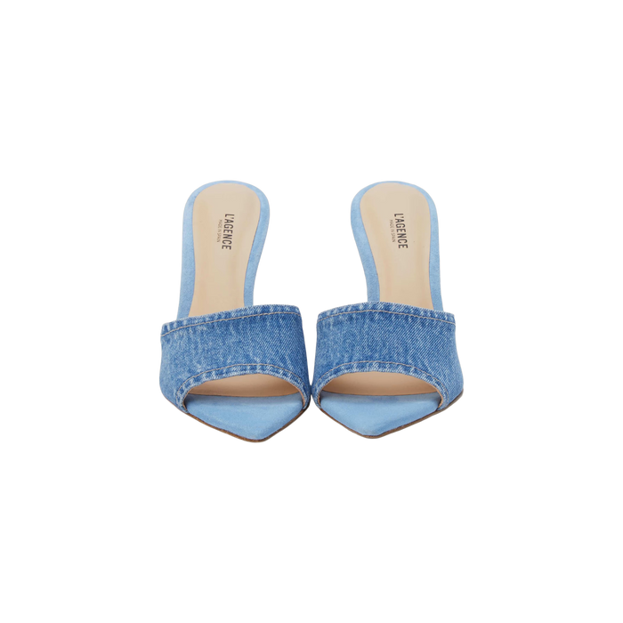 A pair of Lolita Denim Open-Toe Mules featuring denim uppers and light tan insoles, seen from above on a white background.