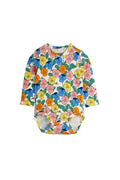 A long-sleeve baby bodysuit with a colorful floral print on a white background, featuring pink, blue, yellow, and orange flowers with green leaves.