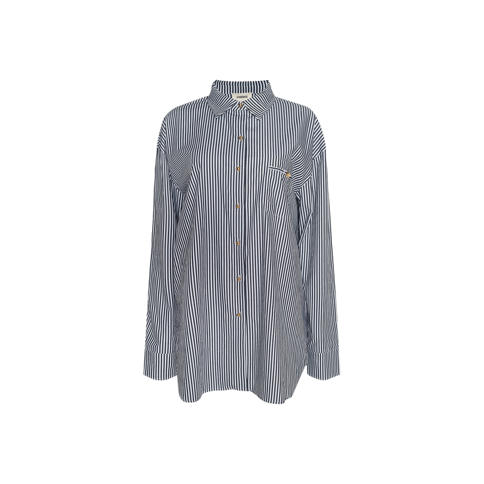 The Lorena Cover-Up Shirt is a blue and white vertically striped long-sleeve button-up made from cotton poplin, featuring a collar, gold buttons, and a front pocket, shown against a plain light background.