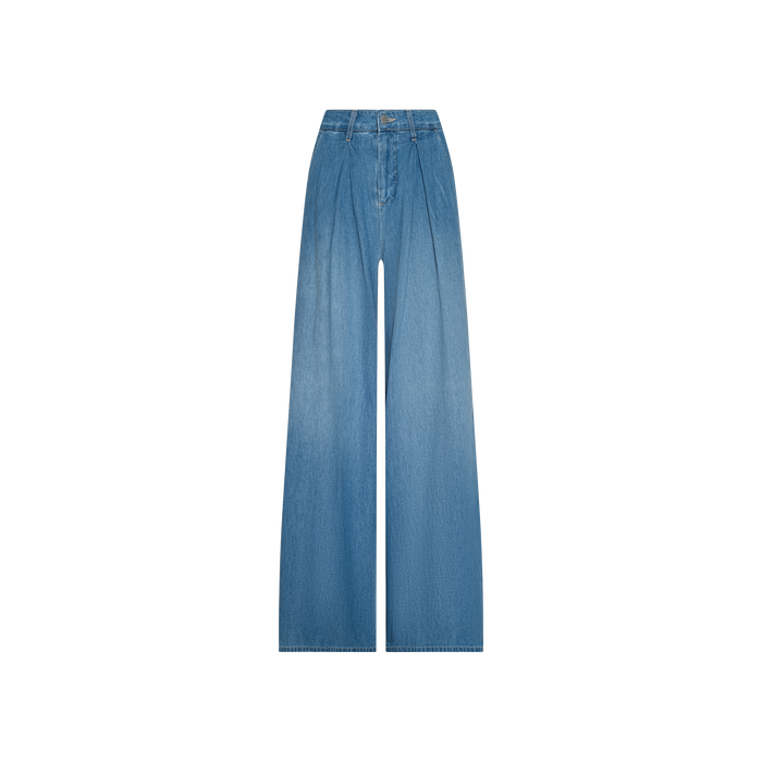 The Lorenza Palazzo Jean is a high-rise, wide-leg blue jean displayed on a white background. This style features front pleats, belt loops, and a button-and-zipper closure.