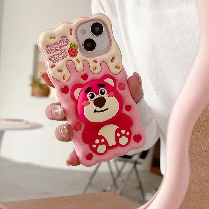 Lotso Strawberry Bear Cheese Face Holder Grip Tok Cartoon Silicon Soft Cover Phone Case PhoneShells