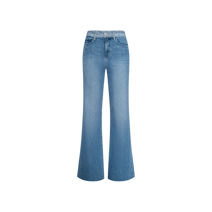 The Louane Wide-Leg Flare Jean is crafted from stretch denim in a light blue wash, featuring a high-rise waist, front pockets, wide-leg silhouette, and button closure, displayed on a white background.