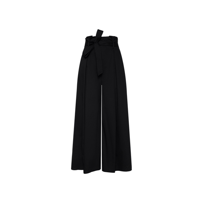 The Lowen Pant features a high-waisted, wide-leg silhouette in black poplin, complete with a paperbag waistband and a matching fabric belt tied at the waist, shown against a plain white background.