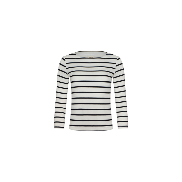 The Lucille Striped Boatneck Top is a long-sleeve, white shirt featuring timeless stripes and a boat neckline, crafted from stretch modal and displayed on a plain white background.
