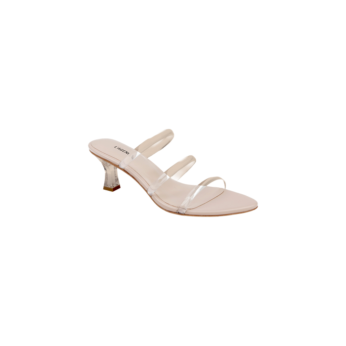 The Ludovica Kitten-Heel Sandal is a beige minimalist mule with three vinyl bands and a clear acrylic mid-height heel, showcased against a plain white background.