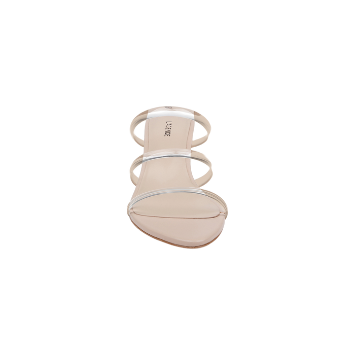 The Ludovica Kitten-Heel Sandal is a beige minimalist mule featuring three thin vinyl bands across the top, displayed from the front against a white background.