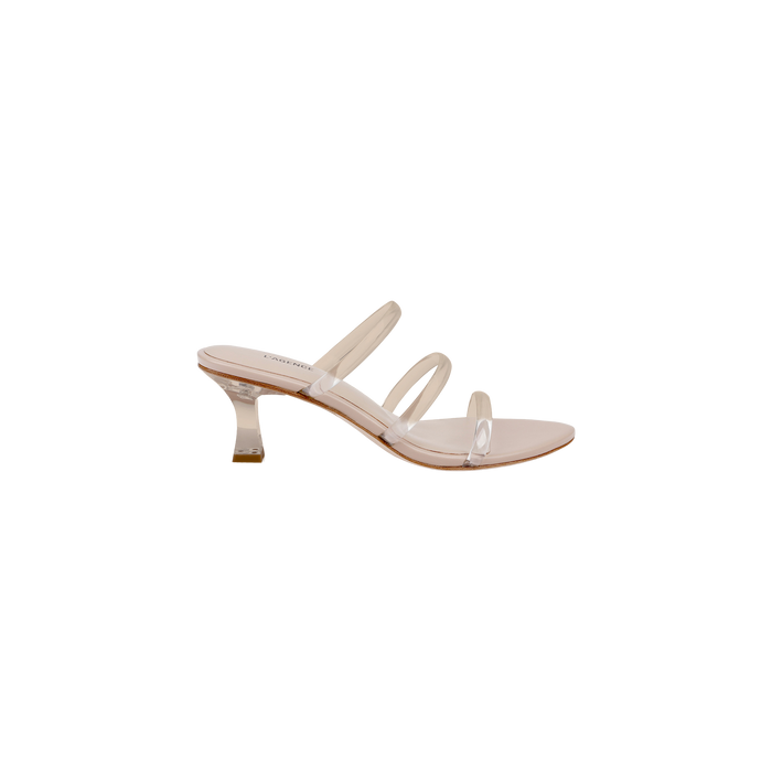 The Ludovica Kitten-Heel Sandal features a single clear silhouette with three transparent vinyl bands and a short, clear acrylic heel, shown in profile against a plain white background. This minimalist mule delivers an effortlessly chic look.