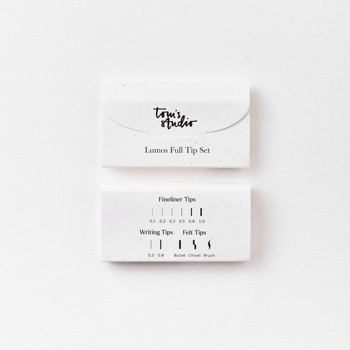 Front and back shot of the packaging for the Lumos Creative Tip set displayed on a white background.