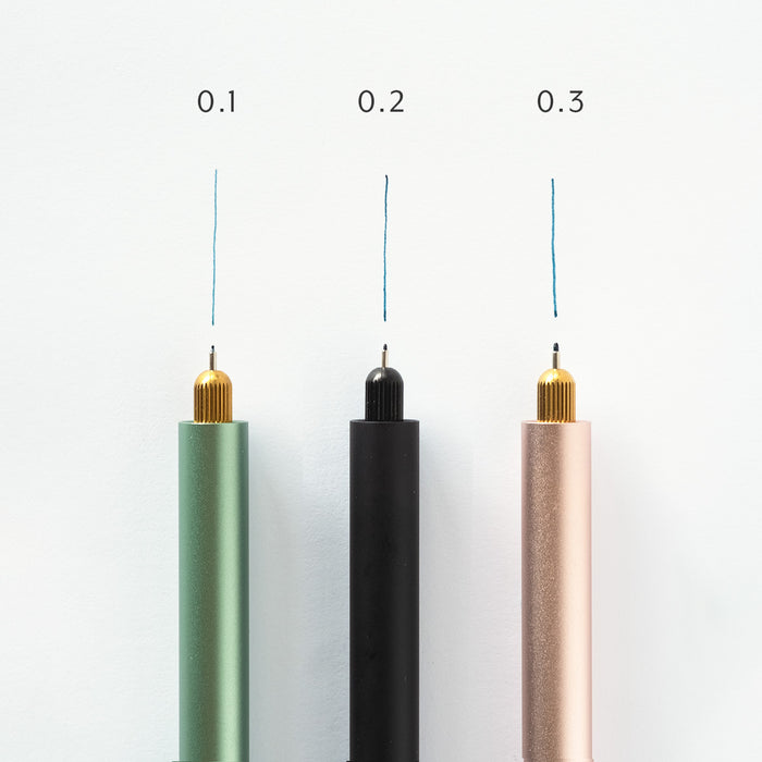 Three Lumos pens installed with three different sized fineliner tips (0.1. 0.2 & 0.3). Pen and line of tip annotated to show size and displayed on a white background.