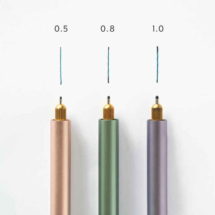 Three Lumos pens installed with three different sized fineliner tips (0.5. 0.8 & 1.0). Pen and line of tip annotated to show size and displayed on a white background.