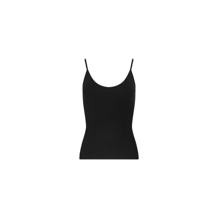 The Lunara Camisole is a black, sleeveless top made from soft micro modal, featuring delicate spaghetti straps. It is showcased against a plain white background.