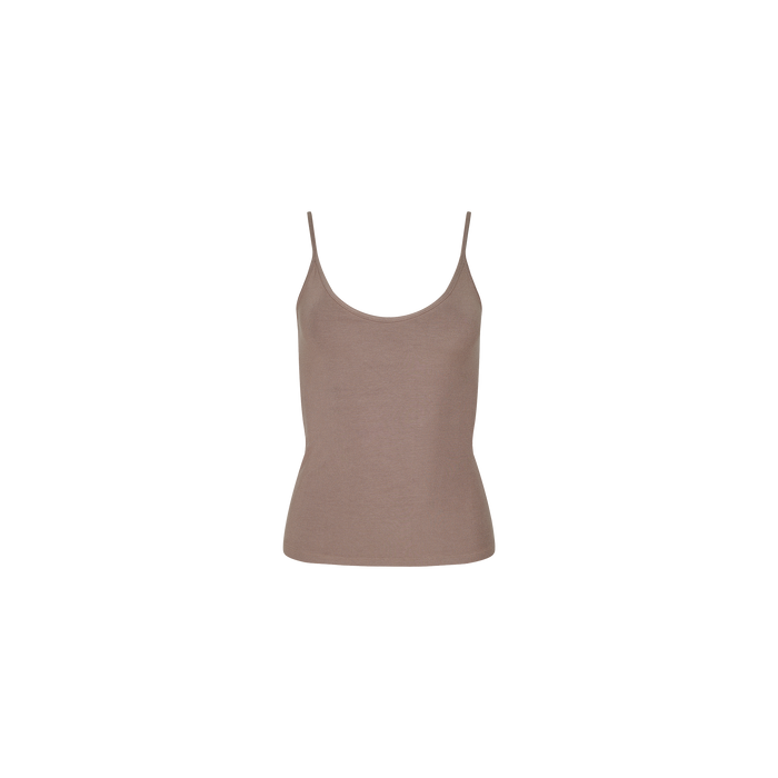 A taupe-colored, sleeveless Lunara Camisole with thin spaghetti straps and soft ribbed fabric is displayed on a plain white background.