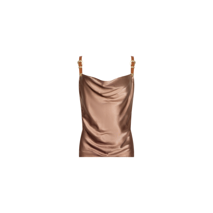 Lux Silk Buckle-Strap Camisole in bronze satin silk, featuring vegan leather adjustable buckle straps, a graceful draped cowl neckline, and a fitted silhouette, displayed on a plain white background.
