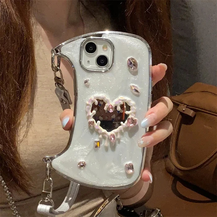 Luxury 3D Glitter Gemstone Love Heart Mirror Phone Case For iPhone PhoneShells