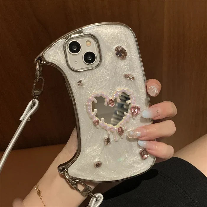 Luxury 3D Glitter Gemstone Love Heart Mirror Phone Case For iPhone PhoneShells