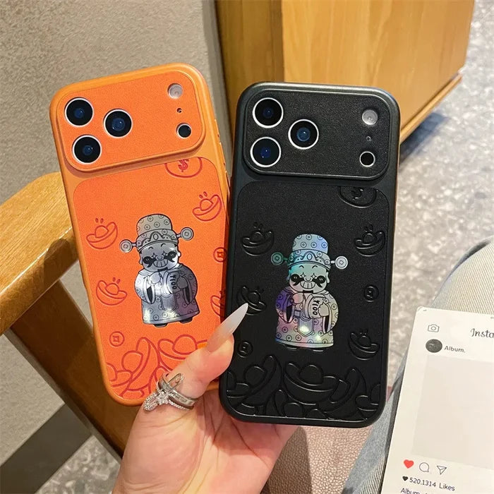 Luxury Cartoon God Of Wealth Laser Leather Texture Phone Case For iPhone PhoneShells
