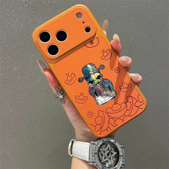 Luxury Cartoon God Of Wealth Laser Leather Texture Phone Case For iPhone PhoneShells