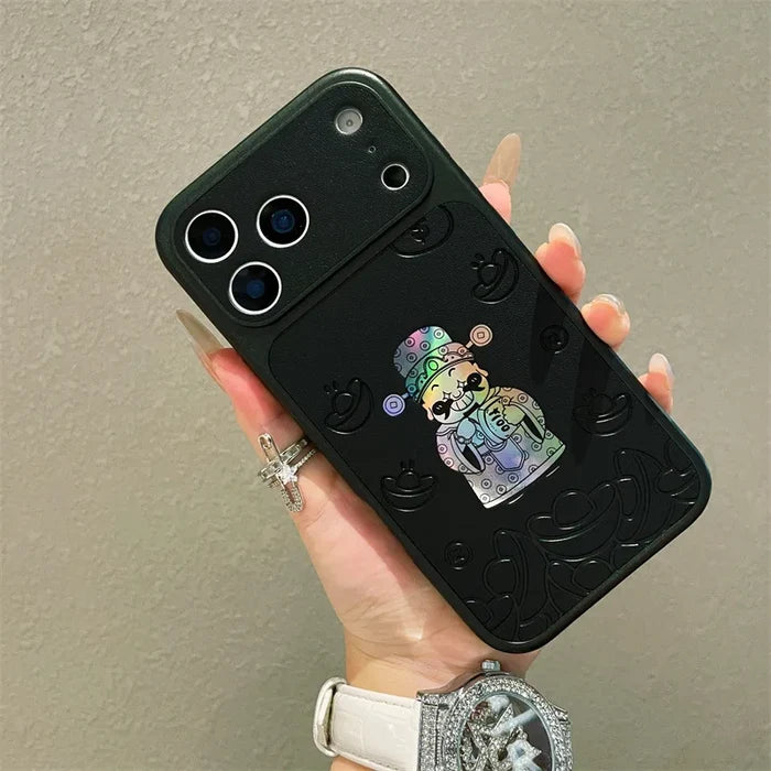 Luxury Cartoon God Of Wealth Laser Leather Texture Phone Case For iPhone PhoneShells