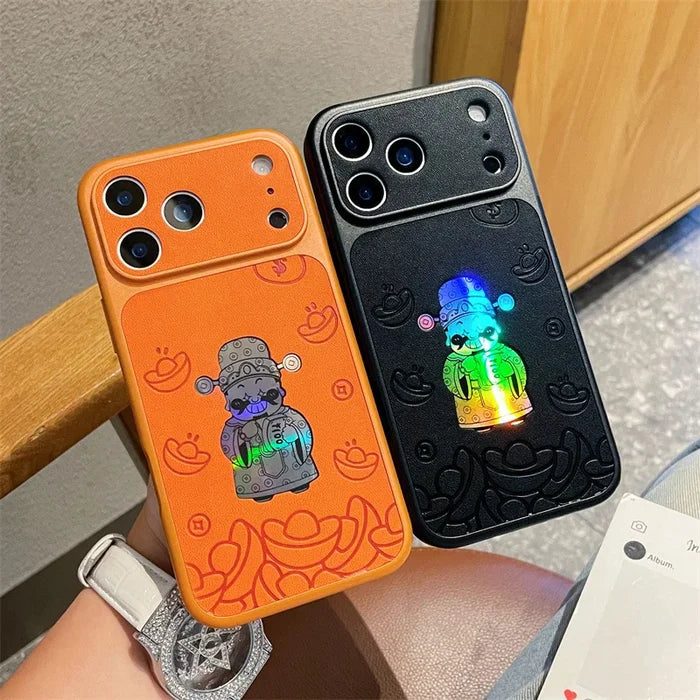 Luxury Cartoon God Of Wealth Laser Leather Texture Phone Case For iPhone PhoneShells