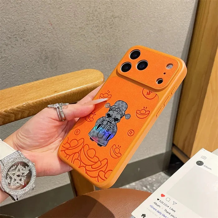 Luxury Cartoon God Of Wealth Laser Leather Texture Phone Case For iPhone PhoneShells