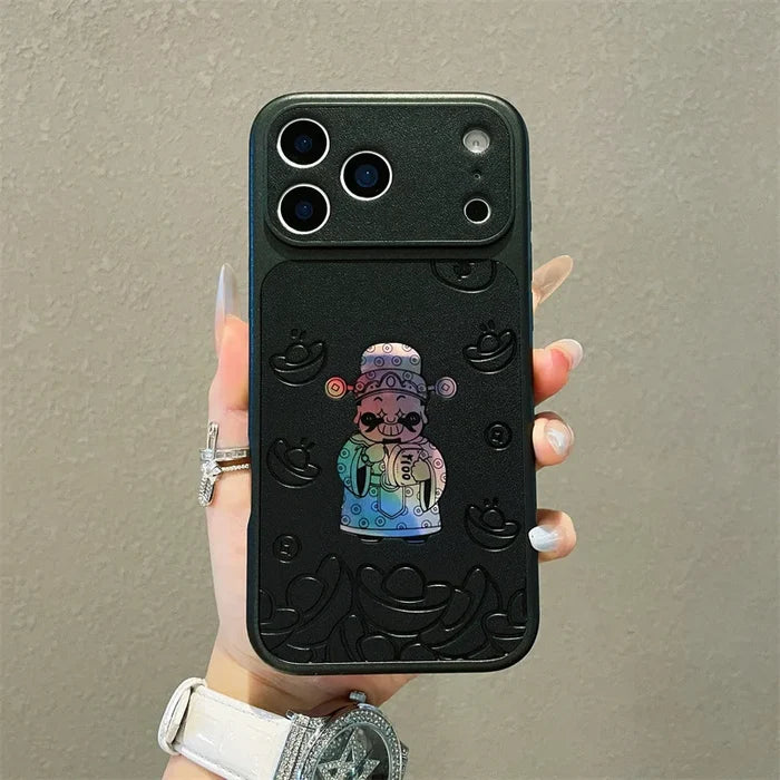 Luxury Cartoon God Of Wealth Laser Leather Texture Phone Case For iPhone PhoneShells