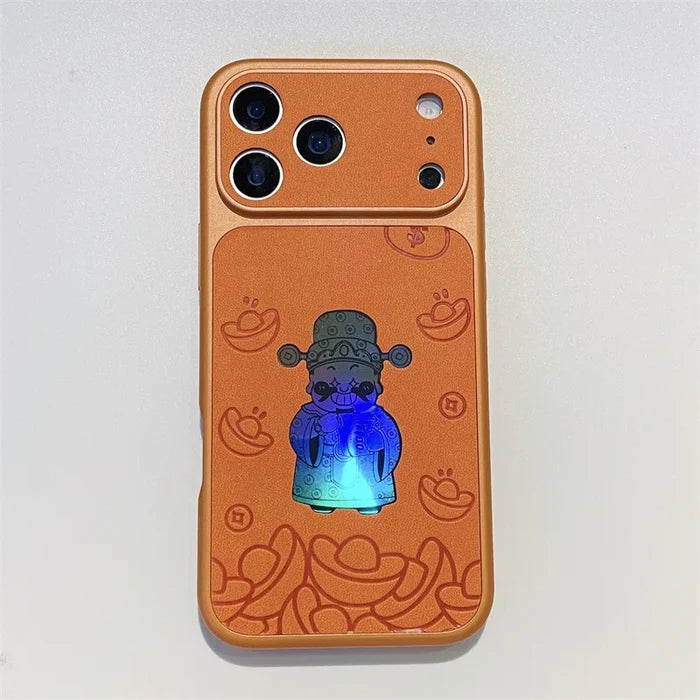 Luxury Cartoon God Of Wealth Laser Leather Texture Phone Case For iPhone PhoneShells