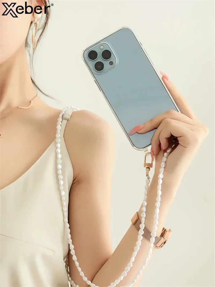 Luxury Crossbody With Lanyard Jewelry Pearl Chain Clear Holder Phone Case For iPhone PhoneShells