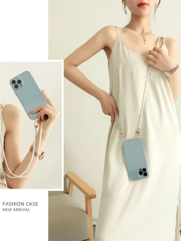 Luxury Crossbody With Lanyard Jewelry Pearl Chain Clear Holder Phone Case For iPhone PhoneShells