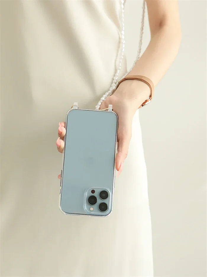 Luxury Crossbody With Lanyard Jewelry Pearl Chain Clear Holder Phone Case For iPhone PhoneShells
