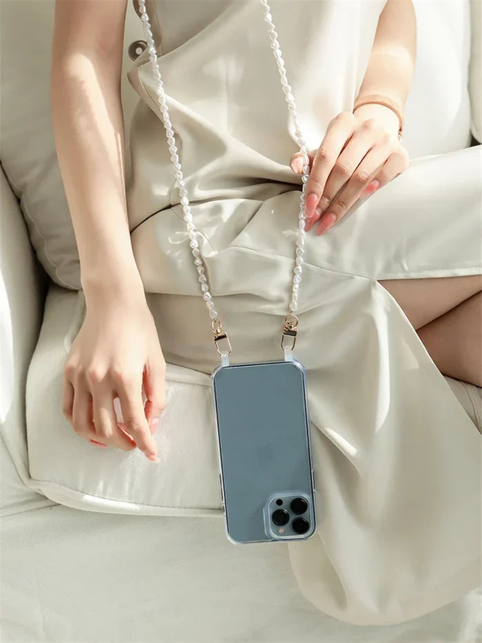 Luxury Crossbody With Lanyard Jewelry Pearl Chain Clear Holder Phone Case For iPhone PhoneShells
